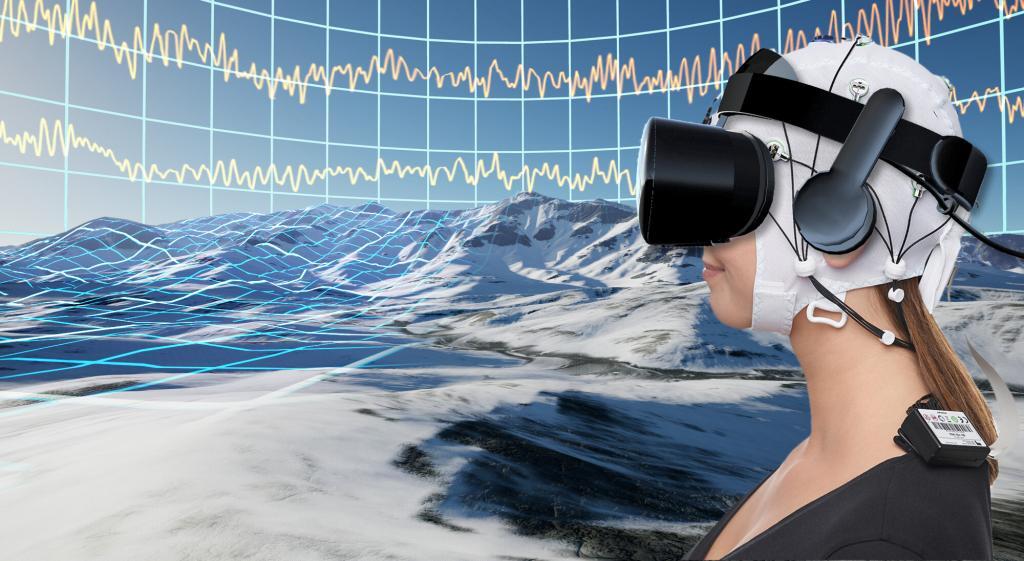 Schematische Darstellung der geplanten Anwendung. Nutzer tauchen mittels eines Head-Mounted Displays in eine virtuelle Welt ein. Zur Maximierung der Schmerzreduktion lernen die Nutzer ihre Gehirnaktivität zu regulieren. Bild: VTplus GmbH und Brain Products GmbH